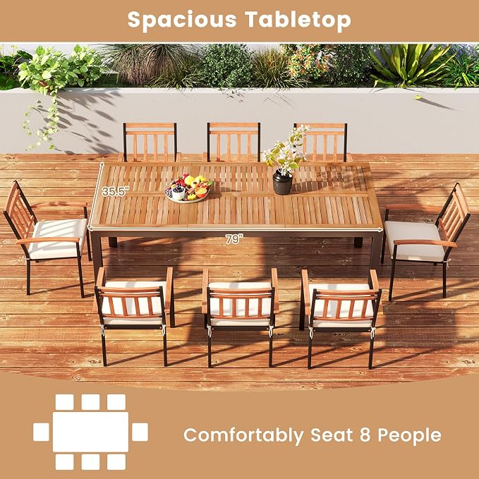 RELAX4LIFE Patio Outdoor Dining Table for 8, 79’’ x 35.5’’ Acacia Wood Rectangular Table w/Slatted Top, Umbrella Hole & Metal Legs, Indoor Outdoor Picnic Bistro Table, 8-Person Patio Dining Table