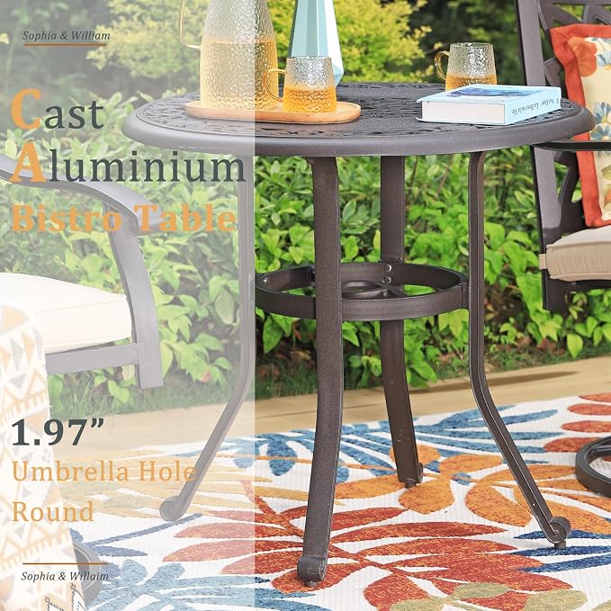 Sophia & William Cast Aluminium Patio Bistro Table Round with 1.97" Umbrella Hole, Premium Bronze Outdoor Bar Dining Table for Porch Balcony Backyard, 31.5" Dia x 29.1" H