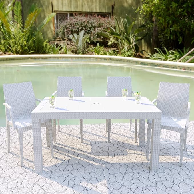 LeisureMod Mace Modern Weave Design Outdoor Patio Rectangle Dining Table (White)