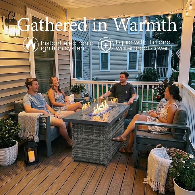 LayinSun Aluminum Furniture Set with Fire Pit Table, 5 Pieces Patio Sectional Conversation Chat Sofa Modern Seating Set