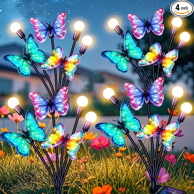 Solar Garden Lights Outdoor, Butterfly Firefly Lights 2 Pack, Waterproof | 3 Dynamic Fluttering Butterfly & 3 Firefly, Solar Garden Decor For Yard, Patio, Lawn, Gifts For Mom Women