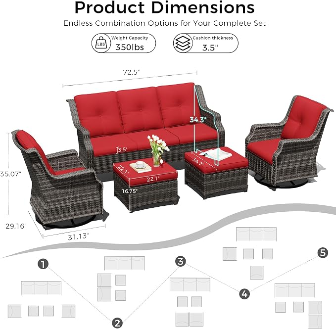 Outdoor Patio Furniture Set, 5 Piece Wicker Patio Furniture with Thick Cushions, Curved Armrest, Deep Seating, Outdoor Swivel Rocker Chairs for Porch, Deck, Balcony