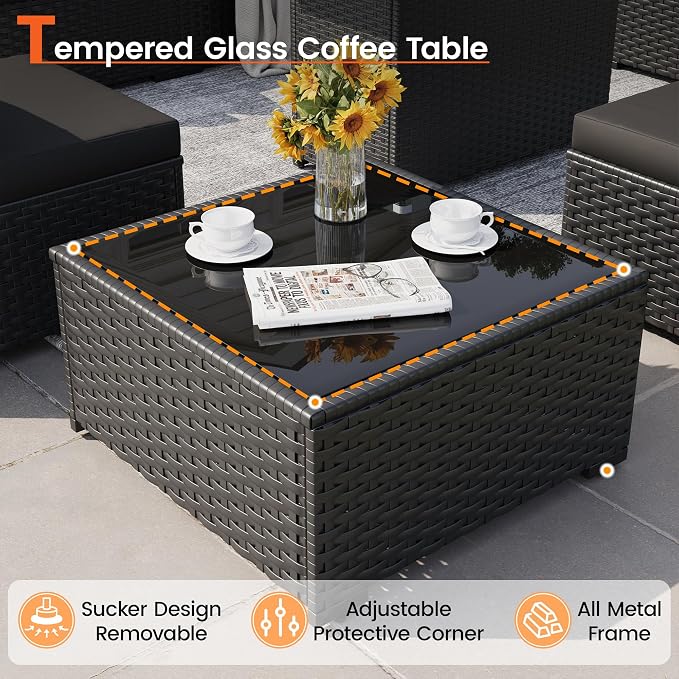 8 Piece Patio Furniture Set with 43" Fire Pit Table, Outdoor Sectional Wicker Sofa Set with Coffee Table (Black/Black)