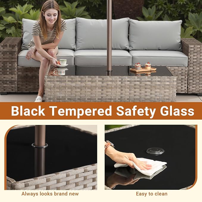 HOOOWOOO Outdoor Patio Side Table with Umbrella Hole,Wicker Coffee End Table Glass Top,Umbrella Table with 1.64" and 2" Hole for Yard,Deck,Porch,Garden(Rectangle Brown)
