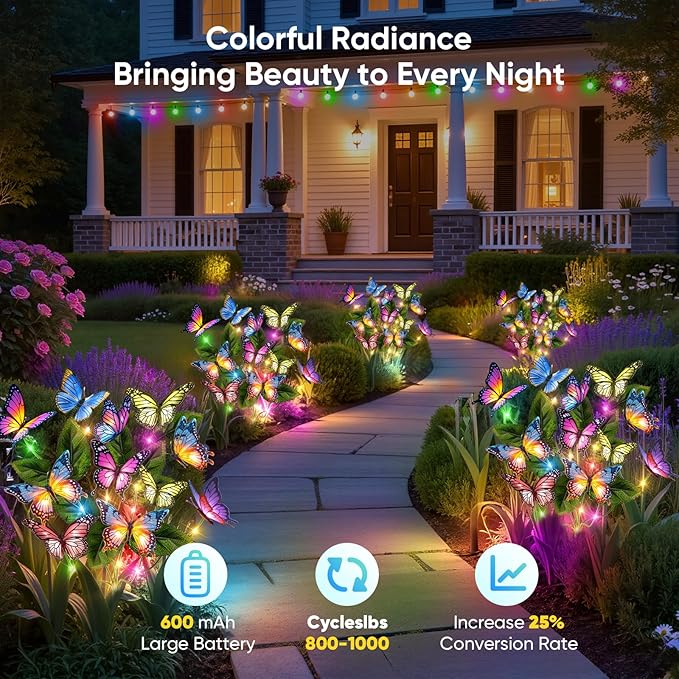 Solar Lights Outdoor Garden Decor: 2 Pack 34 Silk Butterflies with 44 Color-Changing LEDs - Auto On/Off 12H Magical Lighting IP65 Waterproof for Yard Patio Pathway - Unique Gifts for Mom Grandma