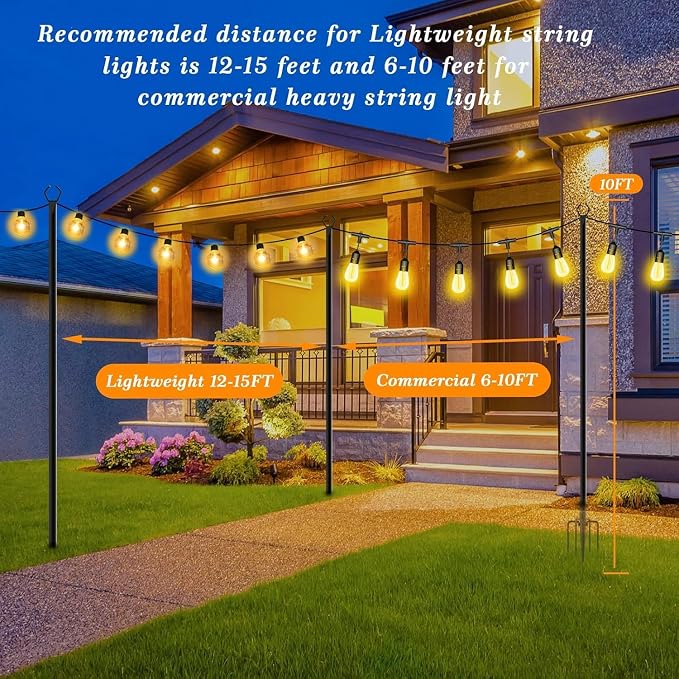 Mutovlin 4 Pack String Light Poles,10 Ft Light Poles for Outside String Lights,Outdoor Lights Pole with Fork,Metal Poles Stand for Patio Deck Backyard (10FT 4 Pack)