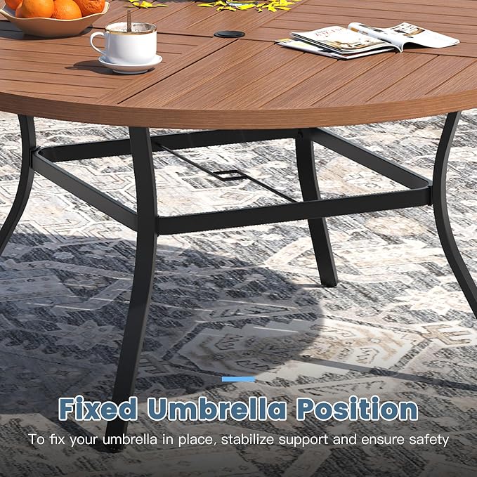 DIFY Patio Table and Chairs Set for 6, 7 Piece Outdoor Dining Set, 53.1" Walnut Round Metal Dining Table with Umbrella Hole and 6 Brown Textilene Swivel Patio Chairs, for Garden Backyard Deck
