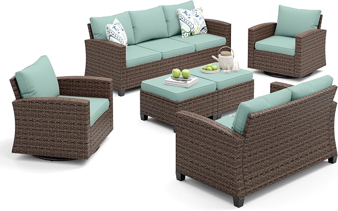 MIXPATIO Patio Furniture Set, 6 Pcs Wicker Outdoor Conversation Set, 2 x Swivel Chairs, 1 x 3 Seater Sofa, 1 x 2-Seat Lover Sofa and 2 x Ottomans with 4" Thick Cushion for Garden Backyard Deck, Blue