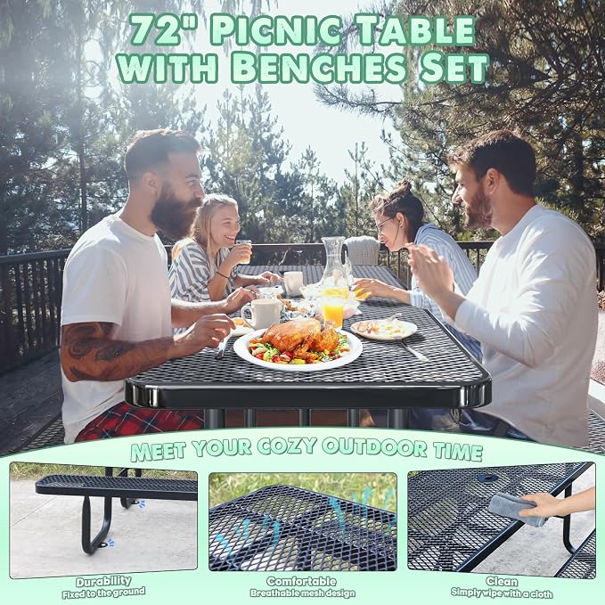 6FT Heavy Duty Picnic Table with 2 Benches, Up to 8 People Expanded Meta Outdoor Patio Dining Table with Umbrealla Hole, Outdoor Bench Set Steel Mesh Dining Furniture for Garden, Lawn, Patio