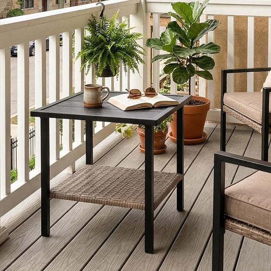 EAGLE PEAK Mojave Dusk Patio Side Table with Wood Grain Top and Wicker Shelf, Durable Weather-Resistant Outdoor Table for Balcony, Porch, Deck, or Garden, Small
