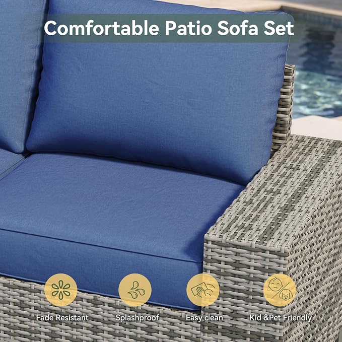 Aoxun 10-Piece Patio Furniture Set with 44” Fire Pit Table, Widen Armrests Wicker Rattan Outdoor Sectional Sofa with Swivel Chairs, Outdoor Patio Furniture Set with Thick Cushions & Ottoman, Blue