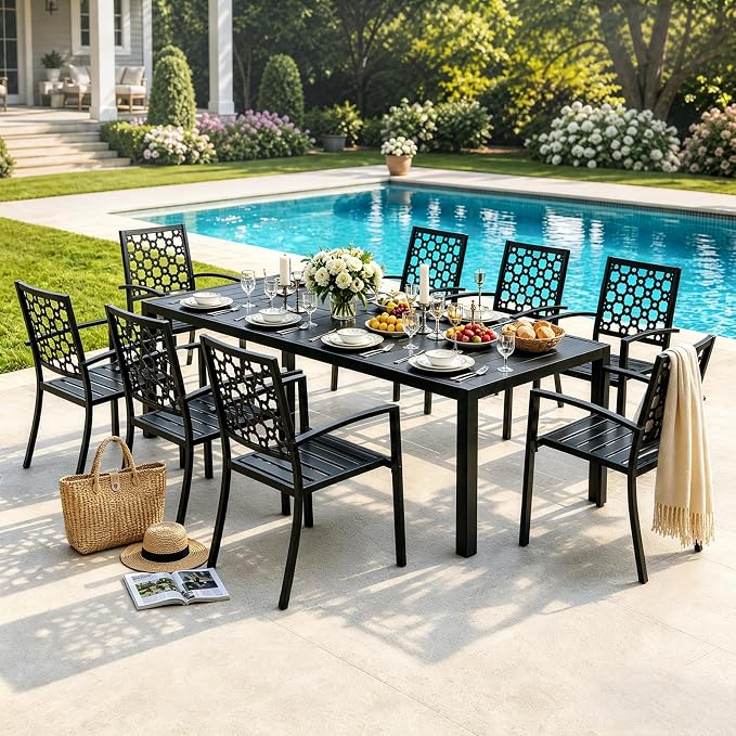 bigget Extendable Patio Dining Table for 8, 78.8" Long Rectangular Expandable Outdoor Dining Table for 8, 500LBS Powder-Coated Black Metal Extra Large Outdoor Patio Table for Outside, Garden, Lawn