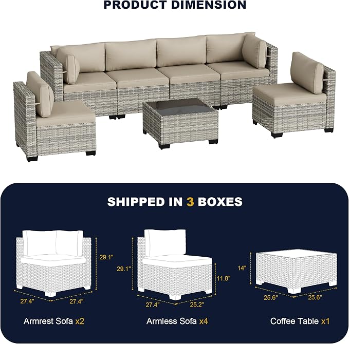 7-Piece Outdoor Patio Furniture Set, PE Wicker Rattan Sectional Sofa Conversation Set with Tempered Glass Table & Thick Cushions - All-Weather Garden, Backyard Furniture, Beige