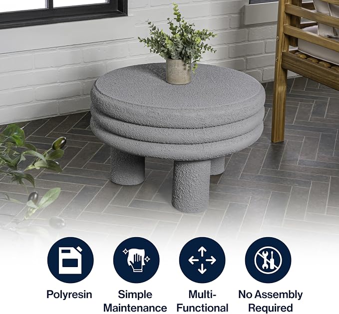 JONATHAN Y Rashida 13.5" Gray Frosted Modern Round Polyresin Indoor Outdoor Accent Coffee Table, Weather Resistant Low Table with Chunky Ribbed Stacked Ring Design and Tripod Pillar Base TBL1105C