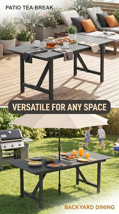 Amopatio Patio Outdoor Dining Table for 6 All Weather HDPE Rectangular Table with Umbrella Hole for Porch Deck Garden Backyard Poolside
