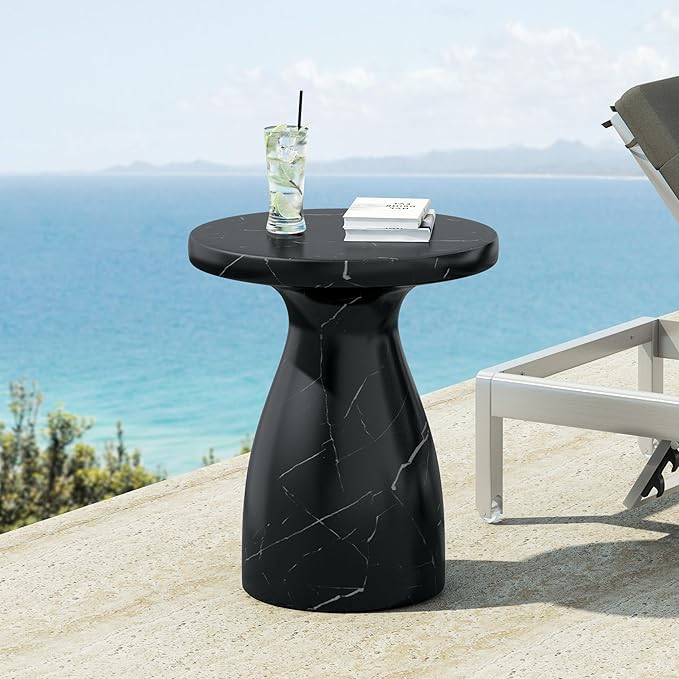 Merax Outdoor Lightweight Concrete Side Table 20"x23" Travertine MGO End Table, Weather Resistant Garden Balcony Patio End Table, No Assembly Required, Black Marble Effect