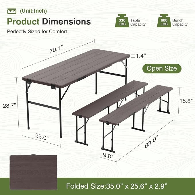 Picnic Table Set with 2 Benches,6 Feet Folding Camping Table Chair Set with Wood Grain Tabletop,3-Piece Outdoor Indoor Portable Folding Furniture for Party, Camping, Picnic, Weddings (Brown)