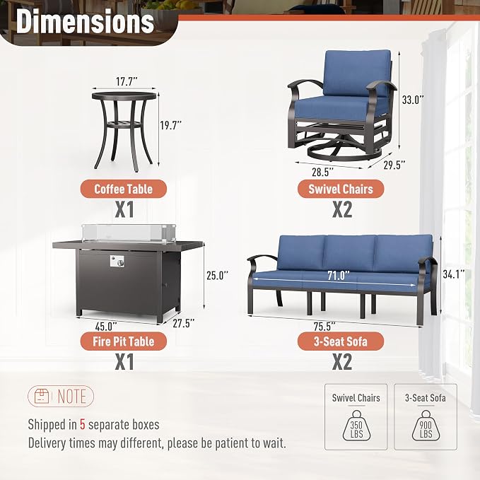 Kurapika Aluminum Patio Furniture Set 8-Seat Modern Metal Outdoor Conversation Sets w/45in Propane Fire Pit Table, Swivel Rocking Chairs Patio Sectional Sofa w/5.1 Inch Cushion, Navy Blue