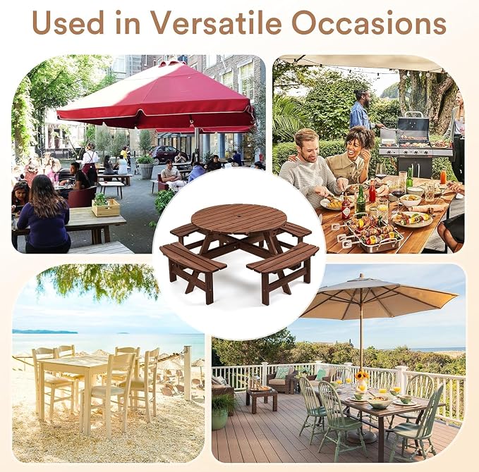 Zevemomo 8 Person Wood Picnic Table, Round Tabletop with Umbrella Hole, 4 Integrated Curved Benches, 2220LBS Overall Capacity for Patios, Backyard, Rustic Brown