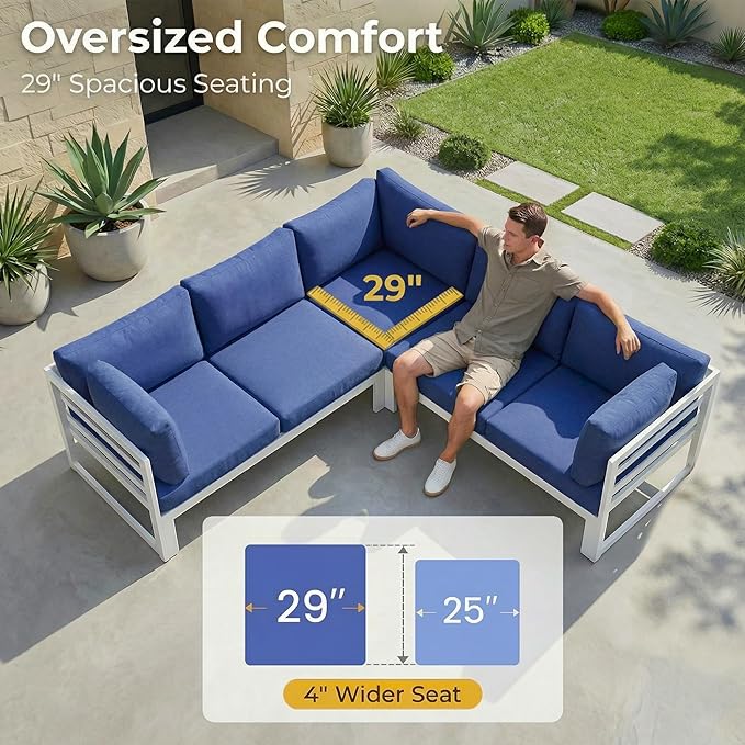 RADIATA 7 Piece Extra Large Modern Aluminum Outdoor Sofa with Fire Pit Table, 29" Deep Wide Seat, 500 lbs Durable Sectional Set for Heavy People, Anti-Rust Patio Furniture Set for Backyard, Navy Blue