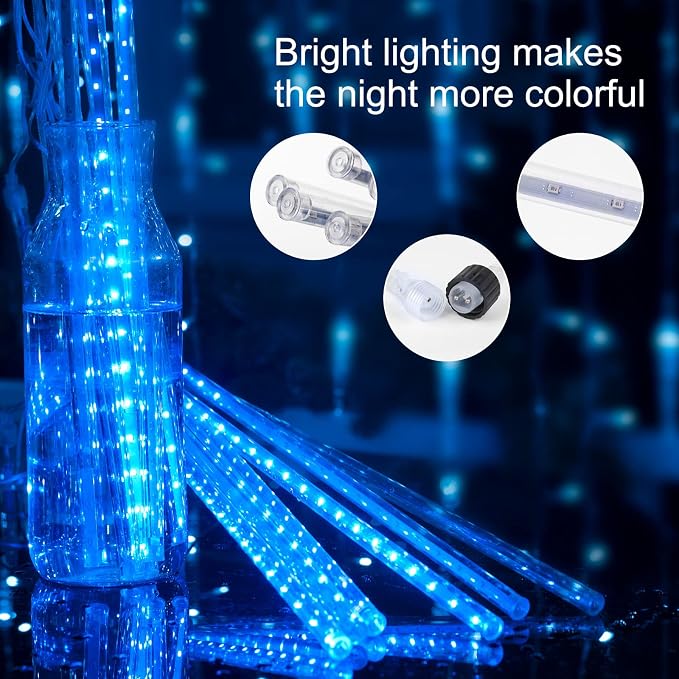 Meteor Shower Lights Outdoor, 16 Inches 16 Tubes 576 LED Icicle Lights, Waterproof Meteor Christmas Light Outdoor, Hanging Falling Rain Light for Tree Bushes Holiday Party Christmas Decor, Blue