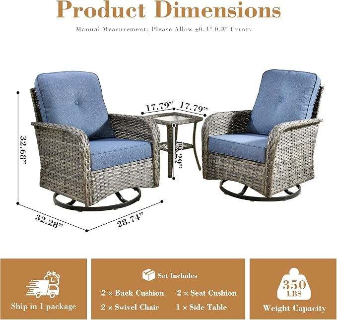 3 Pieces Patio Furniture Set, High Back Outdoor Swivel Rocker Chairs, Wicker Outdoor Furniture with Swivel Rocking Chairs and Side Table for Porch, Backyard, Balcony, Denim Blue