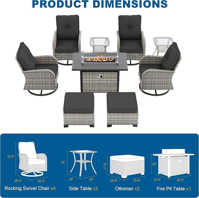 9-Piece Small Patio Furniture Set, Outdoor Swivel Rocking Chairs Set with 55,000 BTU Fire Pit Table Wicker Chairs and Ottomans, Patio Bistro Set for Balcony, Deck, Porch, Black