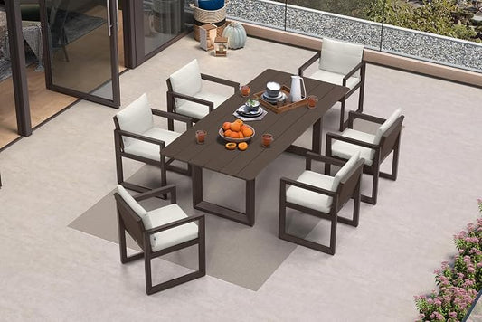 PURPLE LEAF Outdoor Dining Set for 6 Aluminum Luxury Patio Furniture Table and Chairs Set with Removable Thick Cushion Rectangular Patio Dining Sets for Small Backyard Garden Porch Deck, Bronze