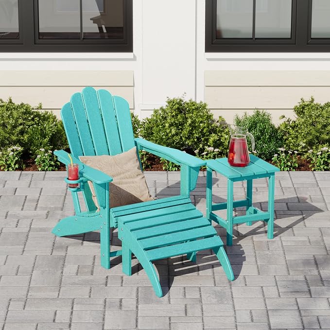 Costaelm Lakeview 3-Piece Adirondack Chair with Cup Holder and Folding Ottoman and Table Set, Turquoise