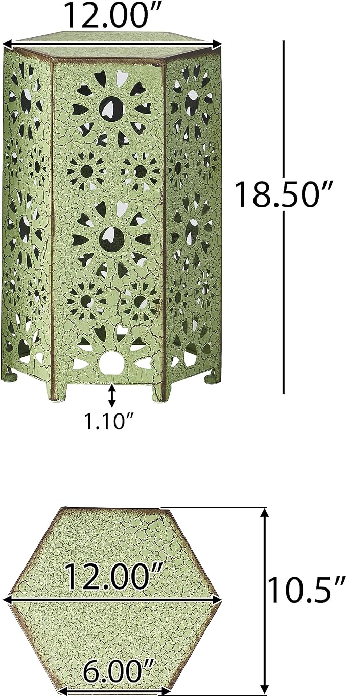 Iron Patio Side Table with Sunburst Cut Out Design 14"x22"Hexahedron Outdoor End Table Lightweight Barrel Accent Table for Garden Pool Deck Balcony Weather Resistant Easy to Move,Green