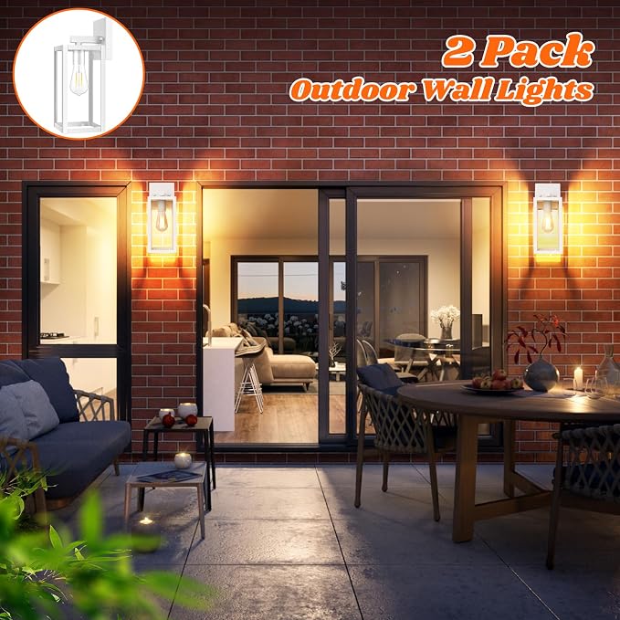 2-Pack Outdoor Wall Light Fixtures, Waterproof Anti-Rust Outside Wall Sconce Lantern with Clear Glass, Exterior Front Porch Lights for House Garage Doorway, Bulbs Not Included, White