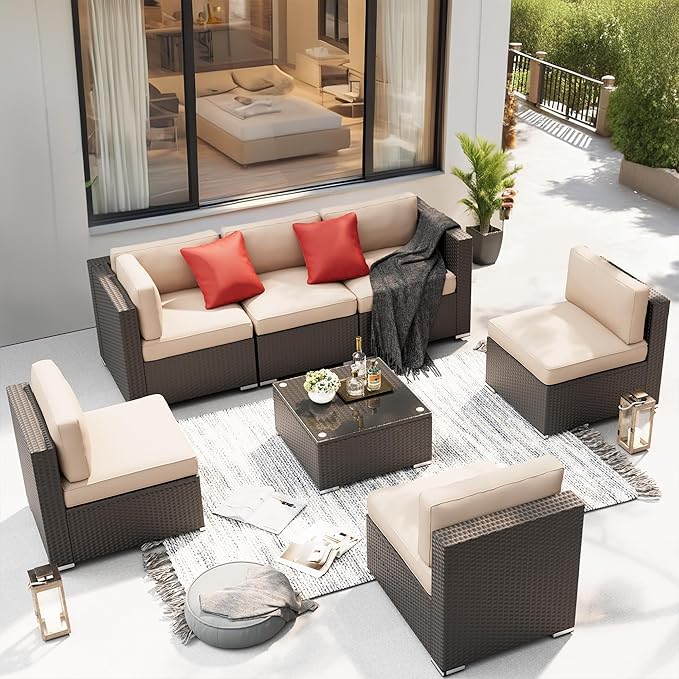 Betterland 7 Piece Outdoor Sectional Sofa Set Patio Furniture Set, All-Weather PE Black Wicker Patio Conversation Set with Washable Cushion and Glass Table(Brown Cushions)
