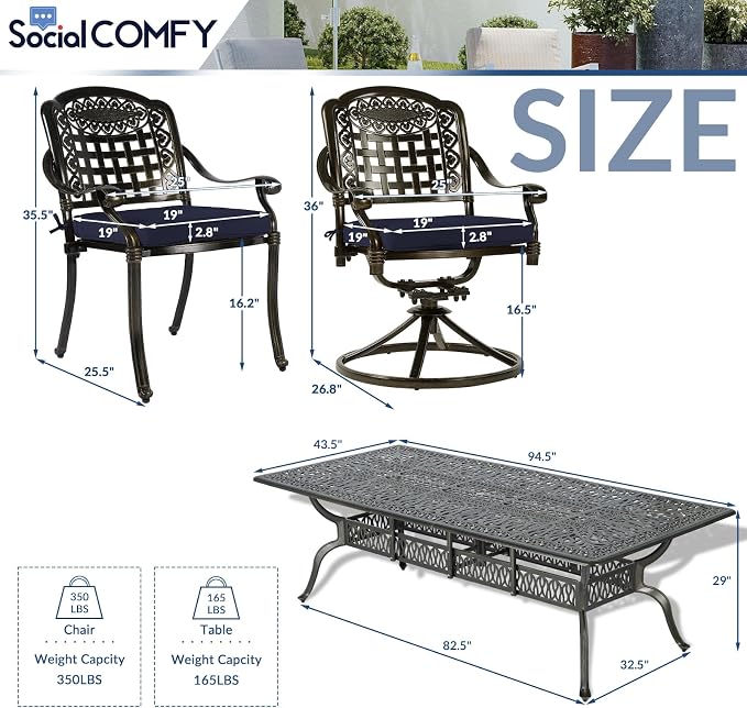 9-Piece Patio Cast Aluminum Dining Set, Outdoor Table and Chairs Set for 8, Includes 94.5" Rectangular Dining Table, 6 Stationary, 2 Swivel Dining Chairs with Umbrella Hole, Navy Blue