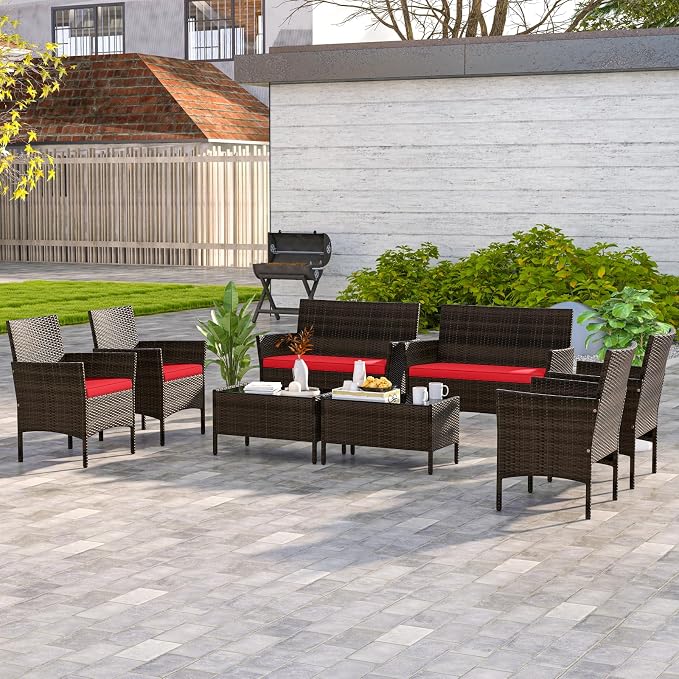 HAPPYGRILL 8 Pieces Outdoor Rattan Conversation Set, Patio Wicker Furniture Set with Loveseat Chairs & Tempered Glass Coffee Table, Outside Sectional Sofa Set for Backyard Garden Poolside, Red
