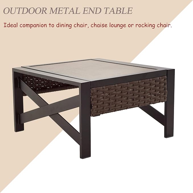 LOKATSE HOME Outdoor Metal Patio Bistro Coffee End X Shaped Steel Legs, Wicker Rattan Around, Side Table, Brown