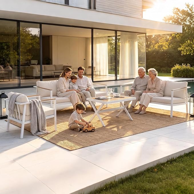 Aug-guan Aluminum Patio Furniture Set 5 Piece, Outdoor Conversation Set with 5" Cushions, Olefin Fabric, Rustproof Frame, Non-Slip Feet, Compact Patio Sofa Set for Balcony, Backyard, Porch,White