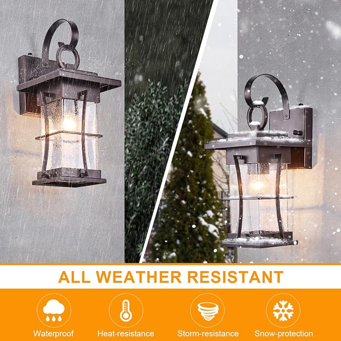 2 Pk Oil Rubbed Bronze Outdoor Sconces Light with Dusk to Dawn Sensor Photocell Exterior Porch Lanterns Outside Wall Lamps Waterproof Brown Metal with Seeded Glass Coach Light Fixtures for House