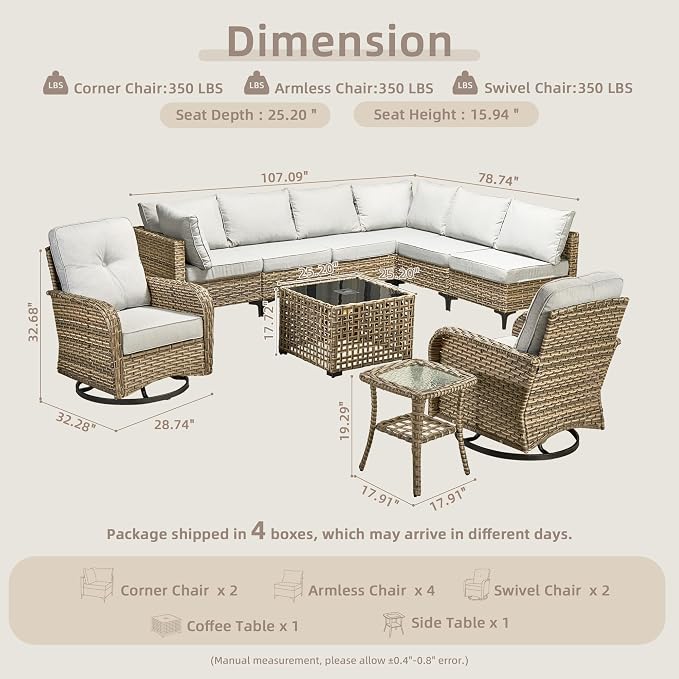 CAODOC Outdoor Sectional Patio Furniture Set,10 Pieces Wicker Conversation Sets L Shaped Couch,Out Door Sofa Outside Furniture with Swivel Chairs,Gray