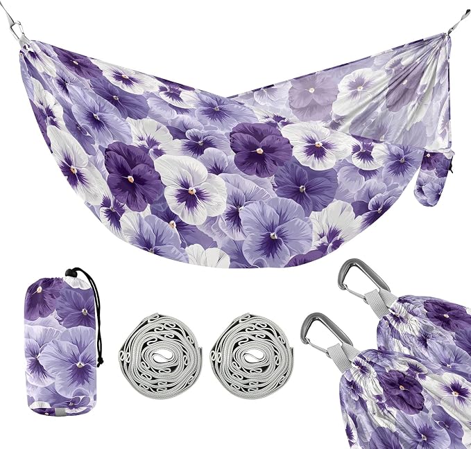 Camping Hammock Outdoor Hammocks for Outside Pansy Flowers White Violet Beach Trees Portable Lightweight with Pockets Tree Straps Indoor Small
