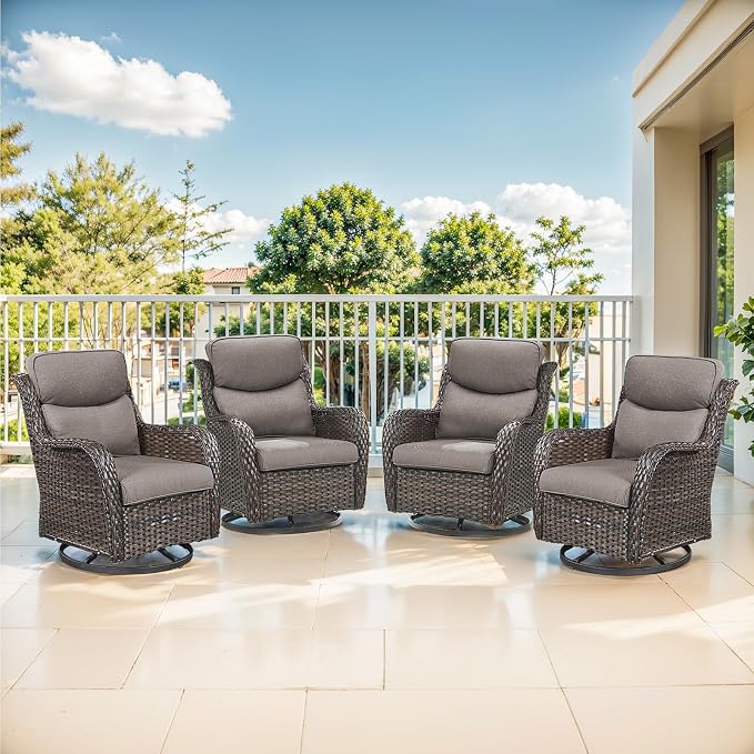 Outdoor Swivel Rocker Patio Chairs Set of 4-5" Thick Cushion 4 Piece Furniture Set All Weather Comfortable Wicker Conversation Set for Porch Poolside and Deck - Brown/Gray