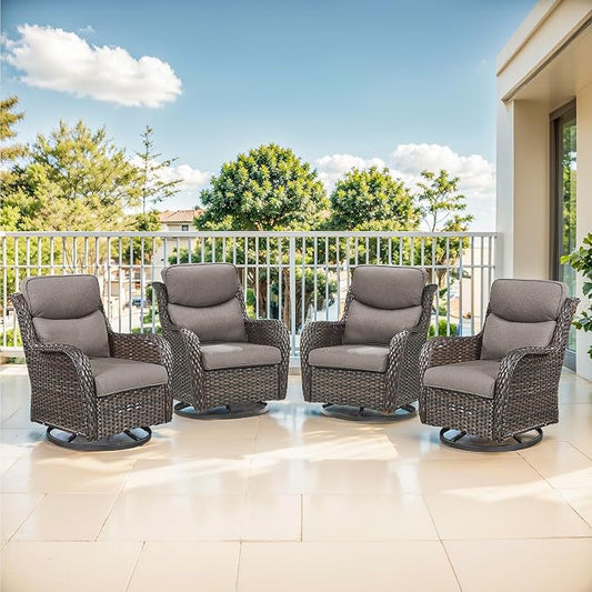 Outdoor Swivel Rocker Patio Chairs Set of 4-5" Thick Cushion 4 Piece Furniture Set All Weather Comfortable Wicker Conversation Set for Porch Poolside and Deck - Brown/Gray