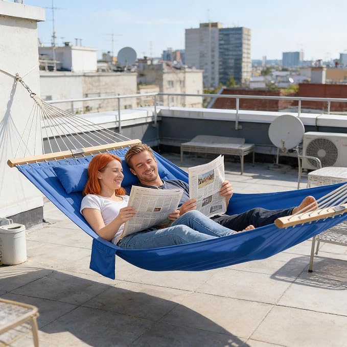 11FT Hammock Without Stand for Outside, Large Patio Hammock with Removable Headrest & Side Pocket, Two Person Hammock with Spreader Bars for Garden, Balconies, 440LBS Capacity (Navy Blue)
