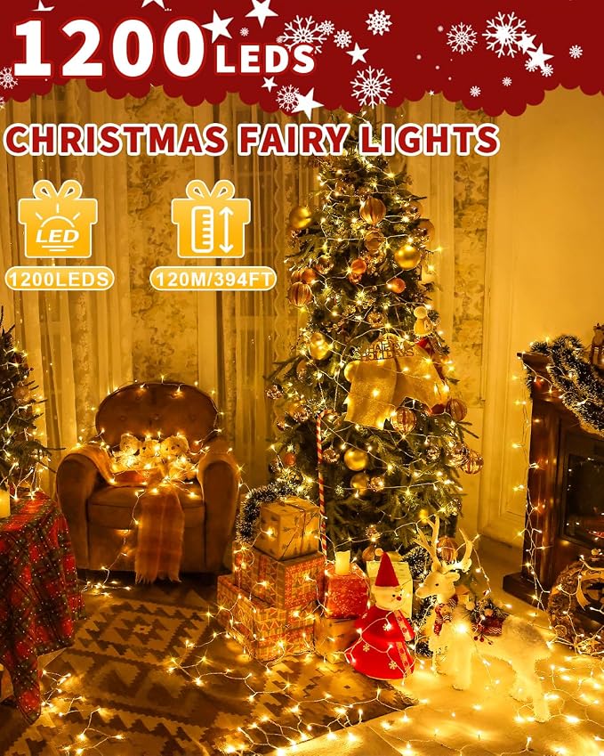 Christmas Lights String Outdoor Indoor, Xmas Tree Decorations Lights, Plug in Twinkle Fairy Light with Remote Timer Dimmable for Room Yard Holiday Party Wedding Decor (Warm White, 403FT 1200 LED)
