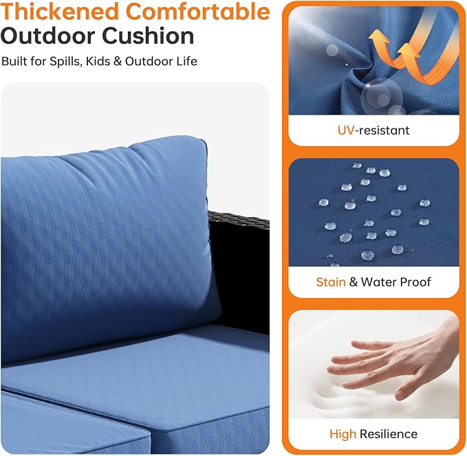 LazySunsets 5-Piece Outdoor Patio Furniture Set, Rattan Outdoor Sectional with Thick Waterproof Cushions, Wicker Ottomans & Waterproof Cover, Patio Conversation Set for Garden, Backyard, Navy Blue