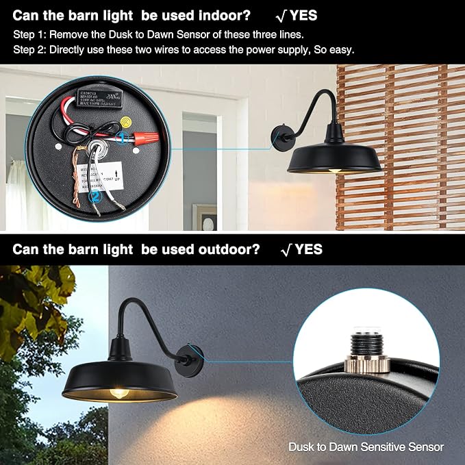 Gooseneck Barn Light, 15inch Dusk to Dawn Black Outdoor Wall Sconce | Weatherproof Steel Exterior Large Lighting Fixture, E26 Base, Easy DIY Install for Porch, Garage, Barn, Farmhouse(1 PC)