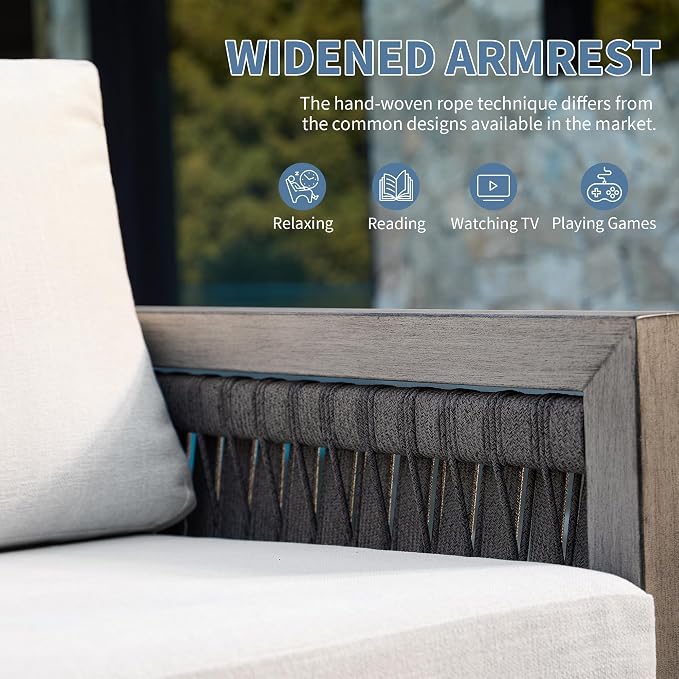 3-Seater Outdoor Sofa, All-Weather Aluminum Patio Sofa with Rope Weave & Widened Armrests, Deep Seating Cushions Patio 3-Seat Sofa for Garden, Deck, Porch, Balcony, Gray Oak