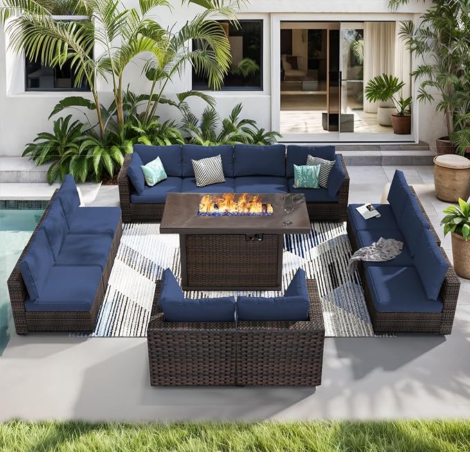 13 Piece Patio Furniture Set with Fire Pit Table All Weather PE Rattan Outdoor Sectional Sofa Couch with No-Slip Cushions for Garden, Poolside, Backyard (Blue)
