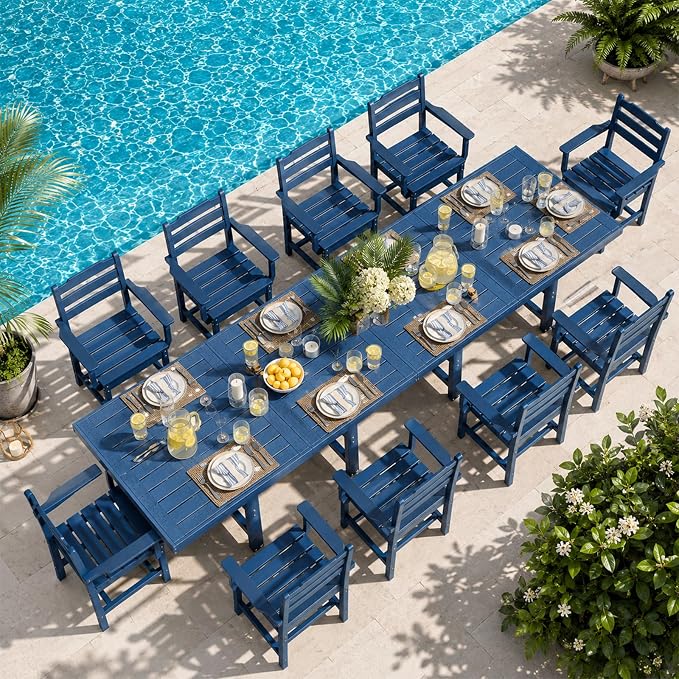 WACASA 12-Piece HDPE Outdoor Dining Set for 10, Weatherproof Poly Lumber Patio Set, Steel-Reinforced Dining Table and Chairs with Umbrella Hole, Blue