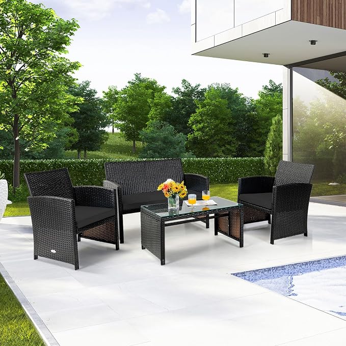 Tangkula 4 Pieces Rattan Furniture Set, Outdoor Conversation Set w/Chair & Loveseat & Tempered Glass Coffee Table, Suitable for Garden, Backyard, Poolside, Patio Furniture Set for 4 (2, Black)