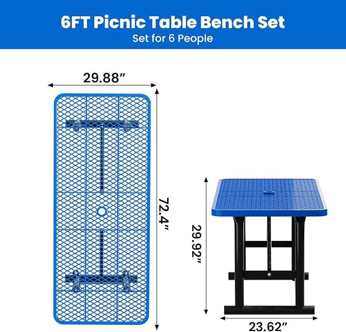 6FT Metal Picnic Tables for Outdoors, Commercial Rectangular Picnic Table for Outside, Park, Campfield, Patio, Garden, Yard, Thermoplastic Coating, Surface Mounted, Blue